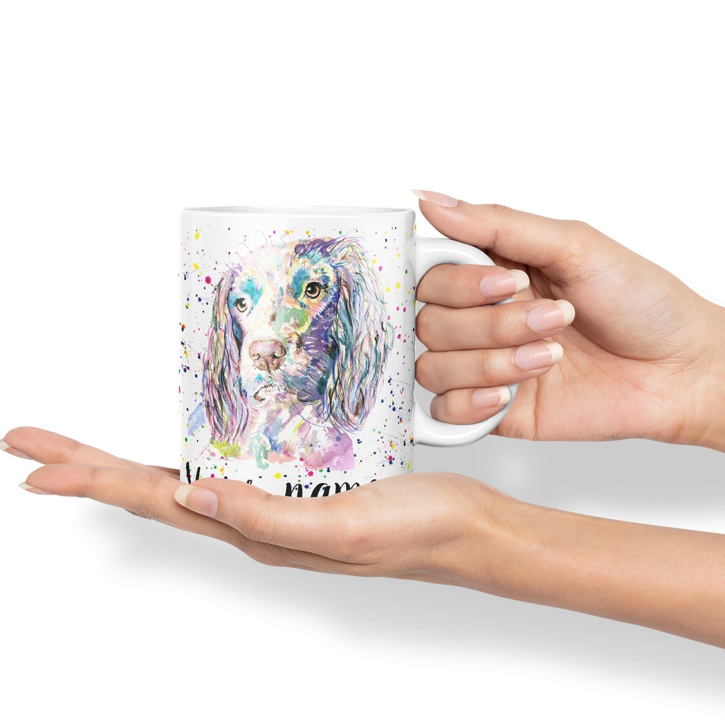 Vixar Personalised with Your Text Spaniel Springer Dog Pet Animals Watercolour Art Coloured Ceramic Mug Cup Gift 330ml 11oz Custom Work Office Tea Coffee (O2)