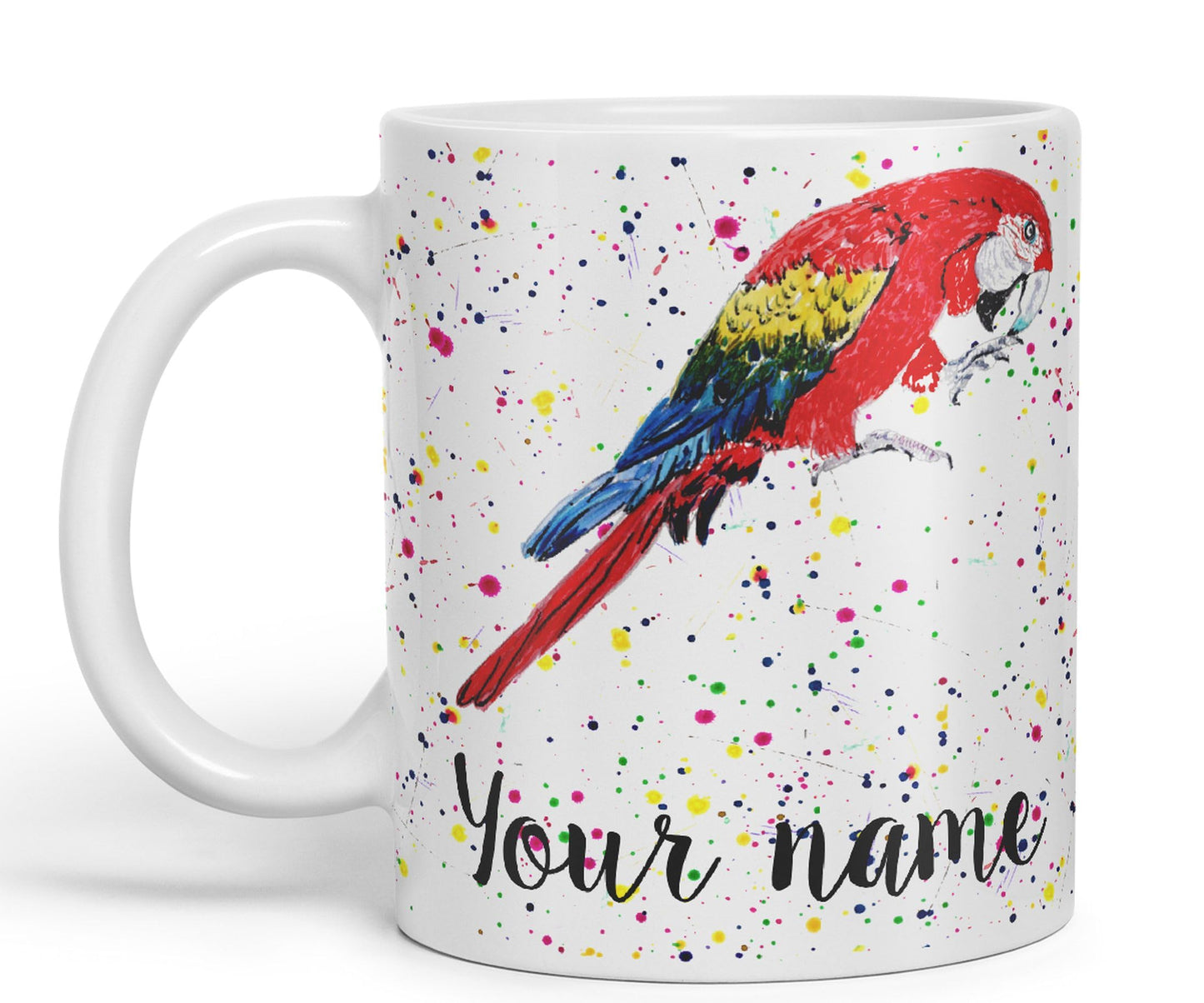 Personalised mug with Your Text name Macaw Parrot Bird animals Watercolour Art Coloured Ceramic Mug Cup Gift 330ml 11oz Custom Work Office Tea Coffee