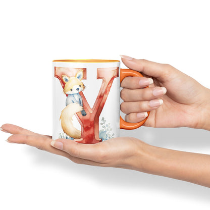 Letter Y mug, Animals Alphabet Letter Y Monogram animal for kids Ceramic Coloured Mug Cup for Tea Coffee Hot brew 330ml 11Oz Gift