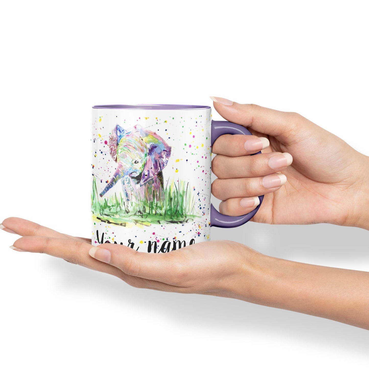 Personalised mug with Your Text name Elephant Baby animals Watercolour Art Coloured Ceramic Mug Cup Gift 330ml 11oz Custom Work Office Tea Coffee