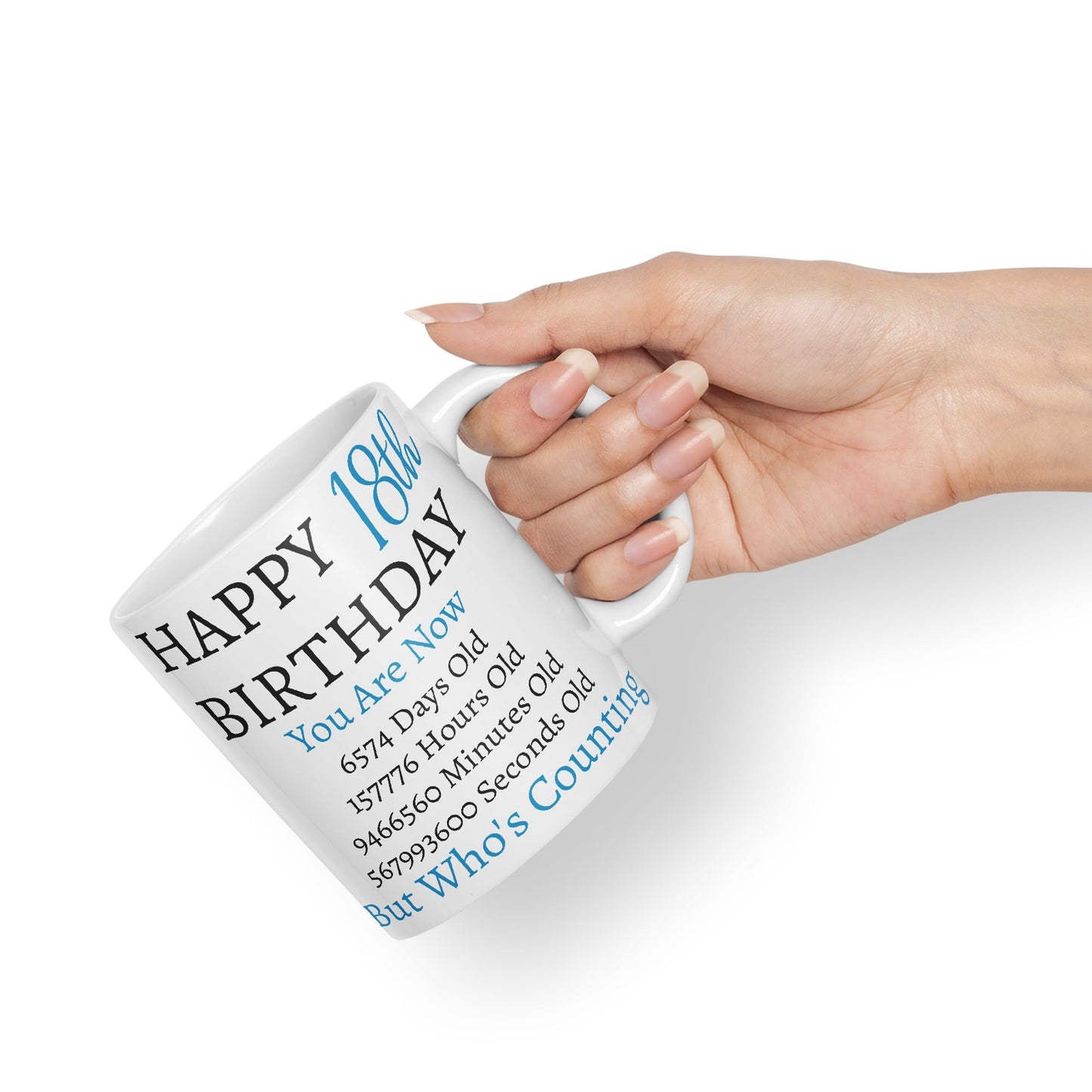 Vixar But Who's Counting Happy 18th Birthday Ceramic Coloured Mug Cup Gift Days Hours Minutes (Blue)