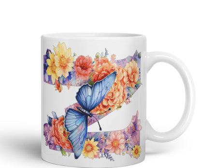 Letter Z mug, Floral flowers butterfly Alphabet Letter Z Monogram watercolour Ceramic Coloured Mug Cup for Tea Coffee Hot brew 330ml 11Oz Gift