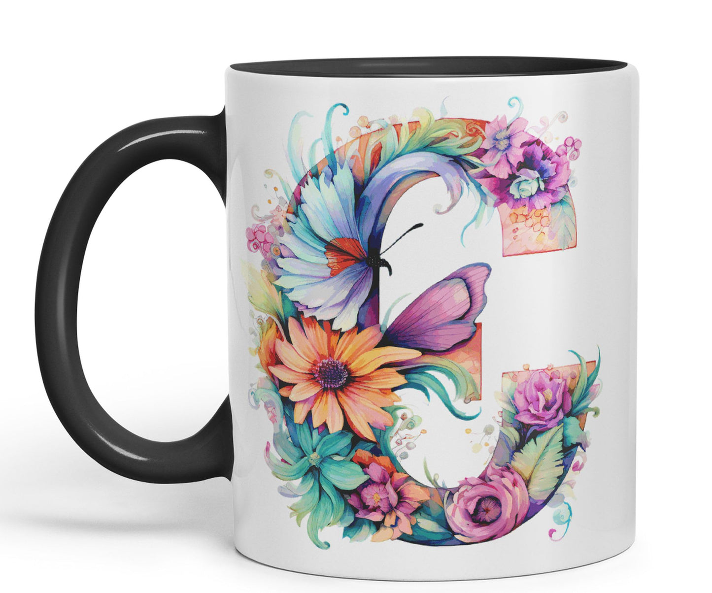 Letter C mug, Floral flowers butterfly Alphabet Letter C Monogram watercolour Ceramic Coloured Mug Cup for Tea Coffee Hot brew 330ml 11Oz Gift