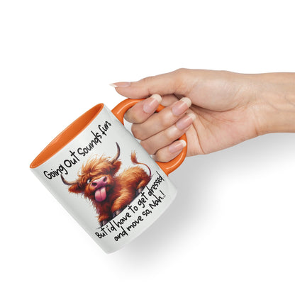 Going Out Sound Fun, Bute I'd Have to get Dressed and Move so, Nah…! Cow Highland Joke sarkasm Sarcastic Ceramic Coloured Mug Cup for Tea Coffee Hot Brew 330ml 11Oz Gift