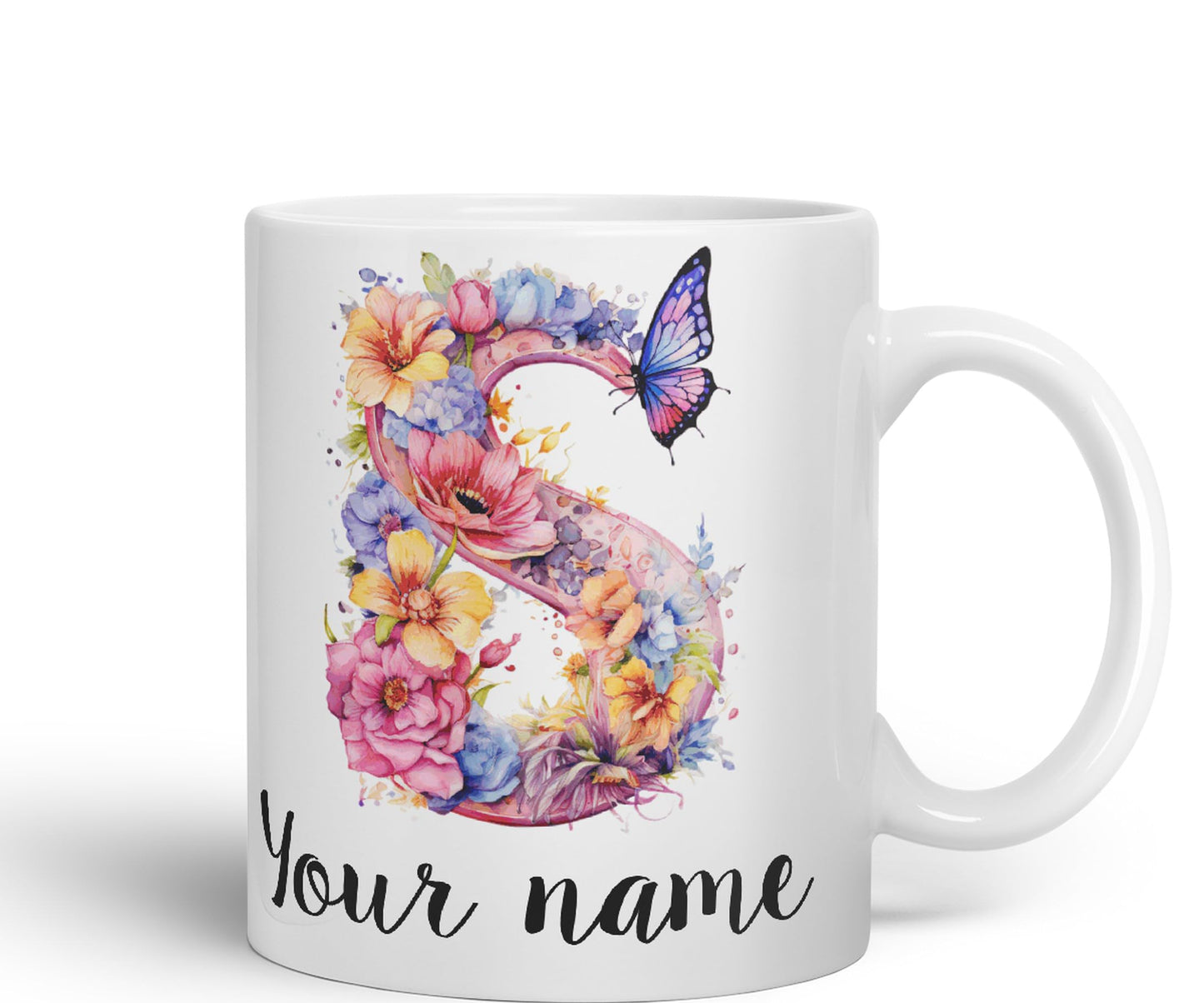 Personalised Letter S mug, Customized Custom Floral flowers butterfly Alphabet Letter S Monogram watercolour Ceramic Coloured Mug Cup for Tea Coffee Hot brew 330ml 11Oz Gift