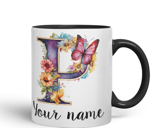 Personalised Letter P mug, Customized Custom Floral flowers butterfly Alphabet Letter P Monogram watercolour Ceramic Coloured Mug Cup for Tea Coffee Hot brew 330ml 11Oz Gift