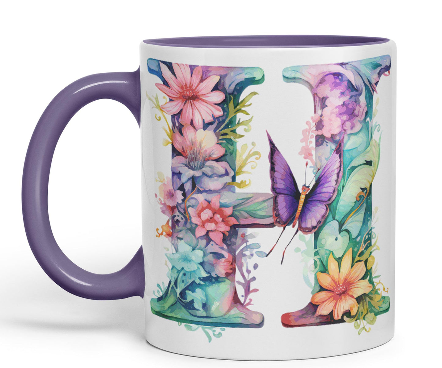 Letter H mug, Floral flowers butterfly Alphabet Letter H Monogram watercolour Ceramic Coloured Mug Cup for Tea Coffee Hot brew 330ml 11Oz Gift