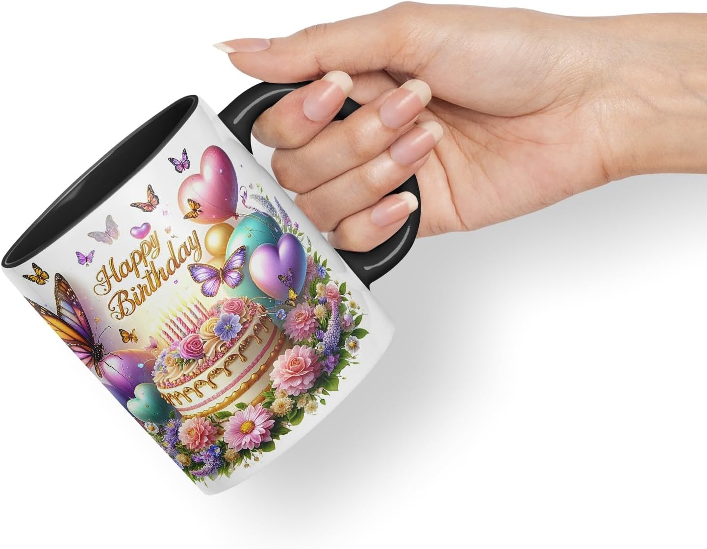 Vixar Happy Birthday Cake with Butterflies Coloured Ceramic Mug Cup Gift 11oz V2 (Black)