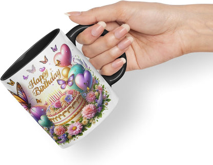 Vixar Happy Birthday Butterflies Over Cake Coloured Ceramic Mug Cup Gift 11oz V12 (Black)
