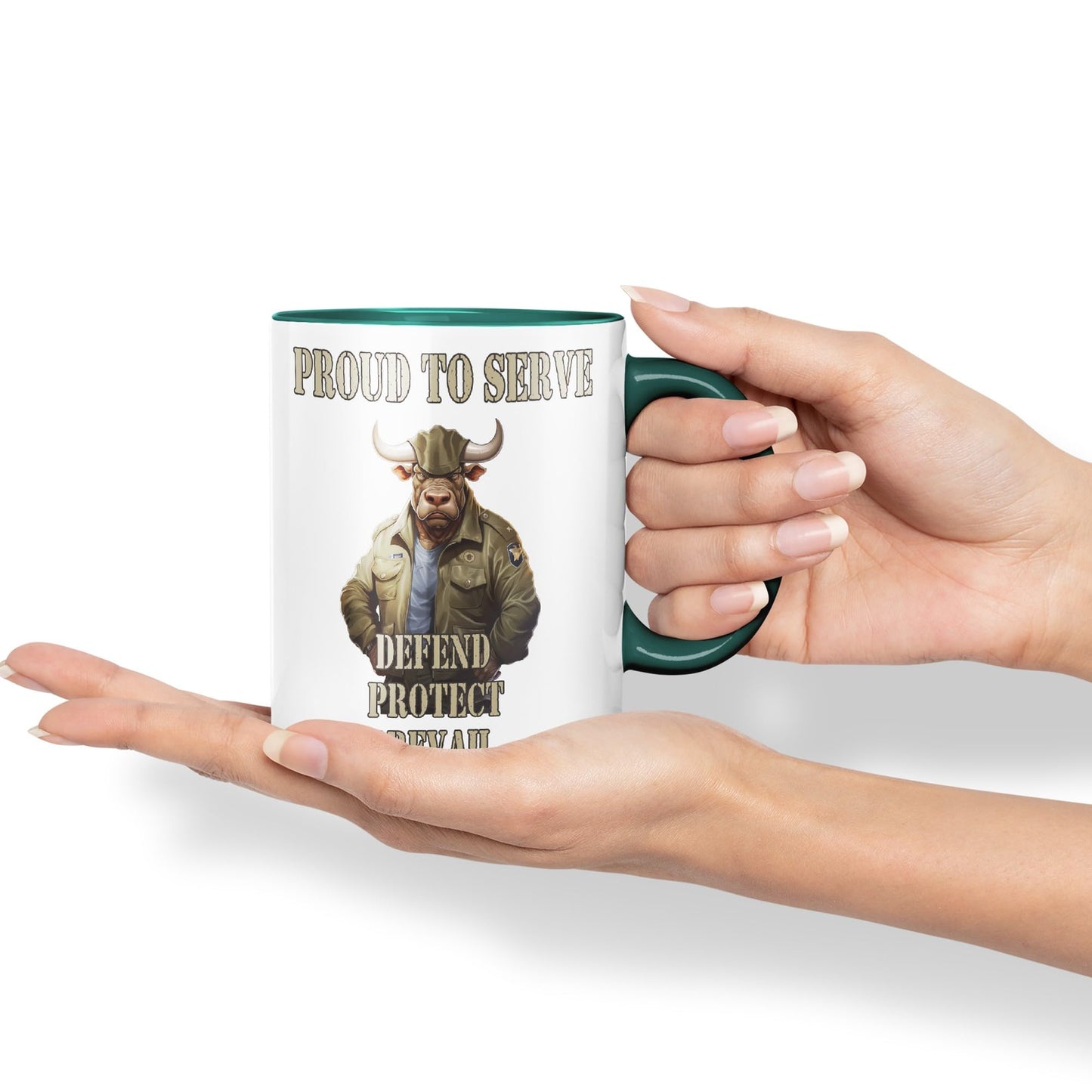 Proud to Serve Defend Protect Prevail Army Soldier Joke sarkasm Sarcastic Ceramic Coloured Mug Cup for Tea Coffee Hot Brew 330ml 11Oz Gift