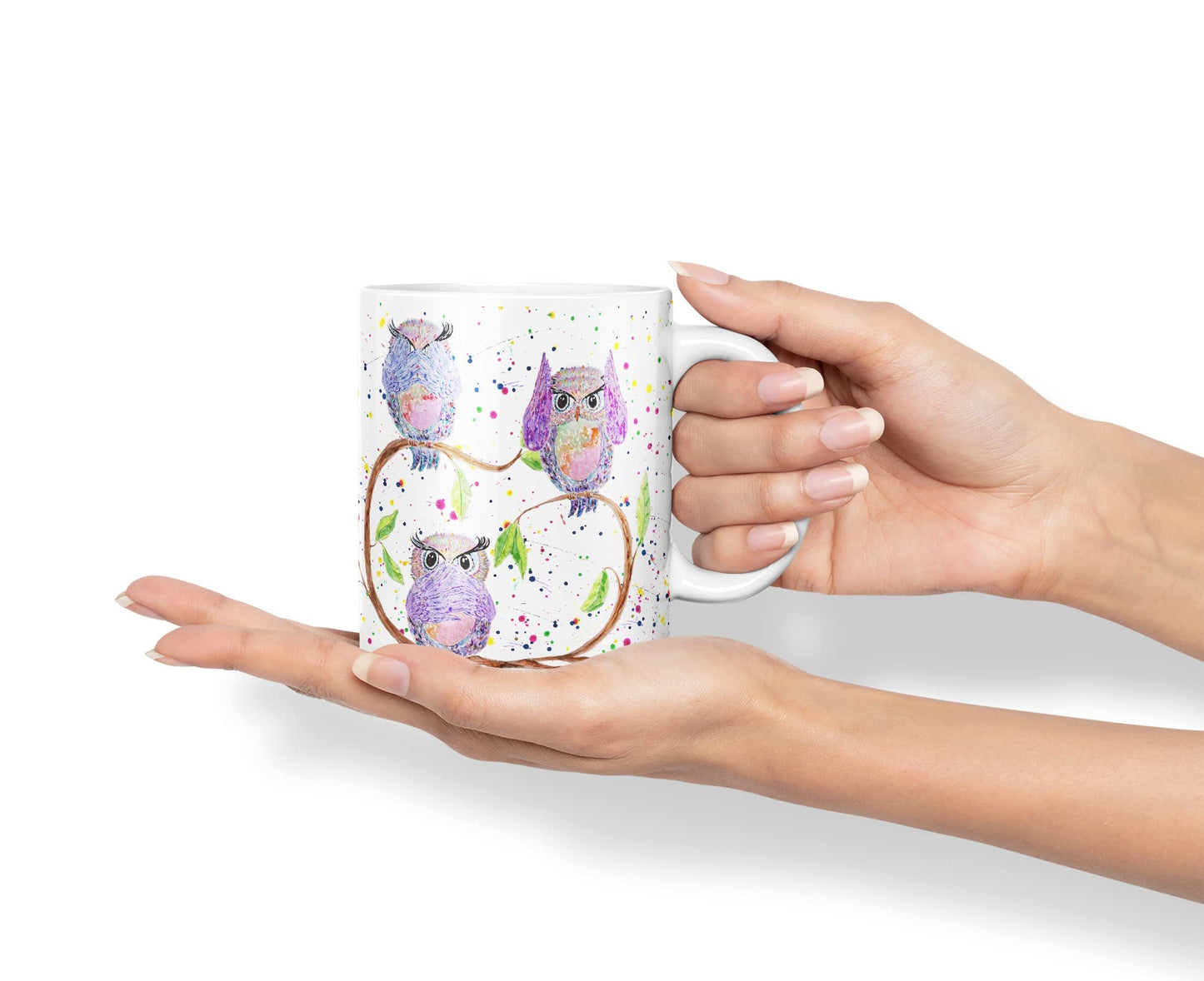 Vixar Owl Owls See Hear Speak no Evil Bird Animals Watercolour Art Coloured Mug Cup Gift Birthday Work Office Tea Coffee