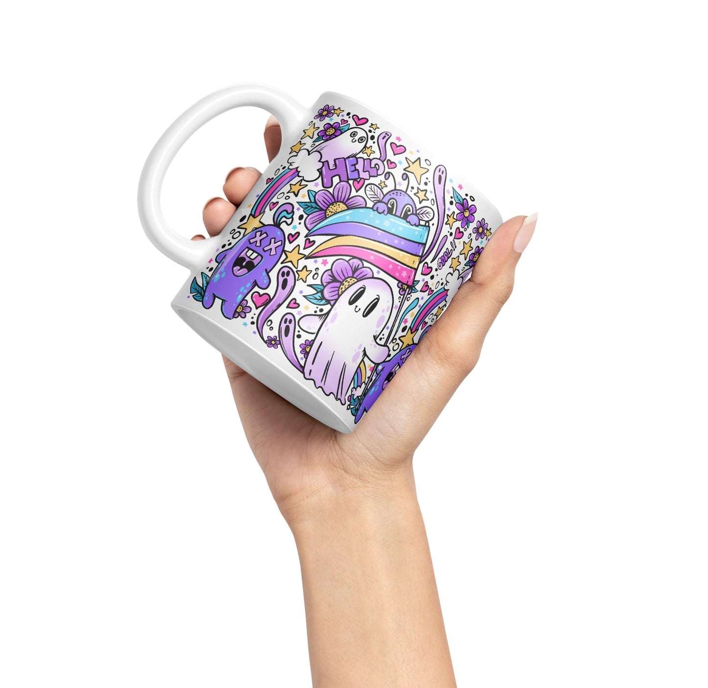 Vixar Hello Cool Kawaii Ghosts Coloured Ceramic Mug Cup Gift 330ml 11oz Work Office Tea Coffee