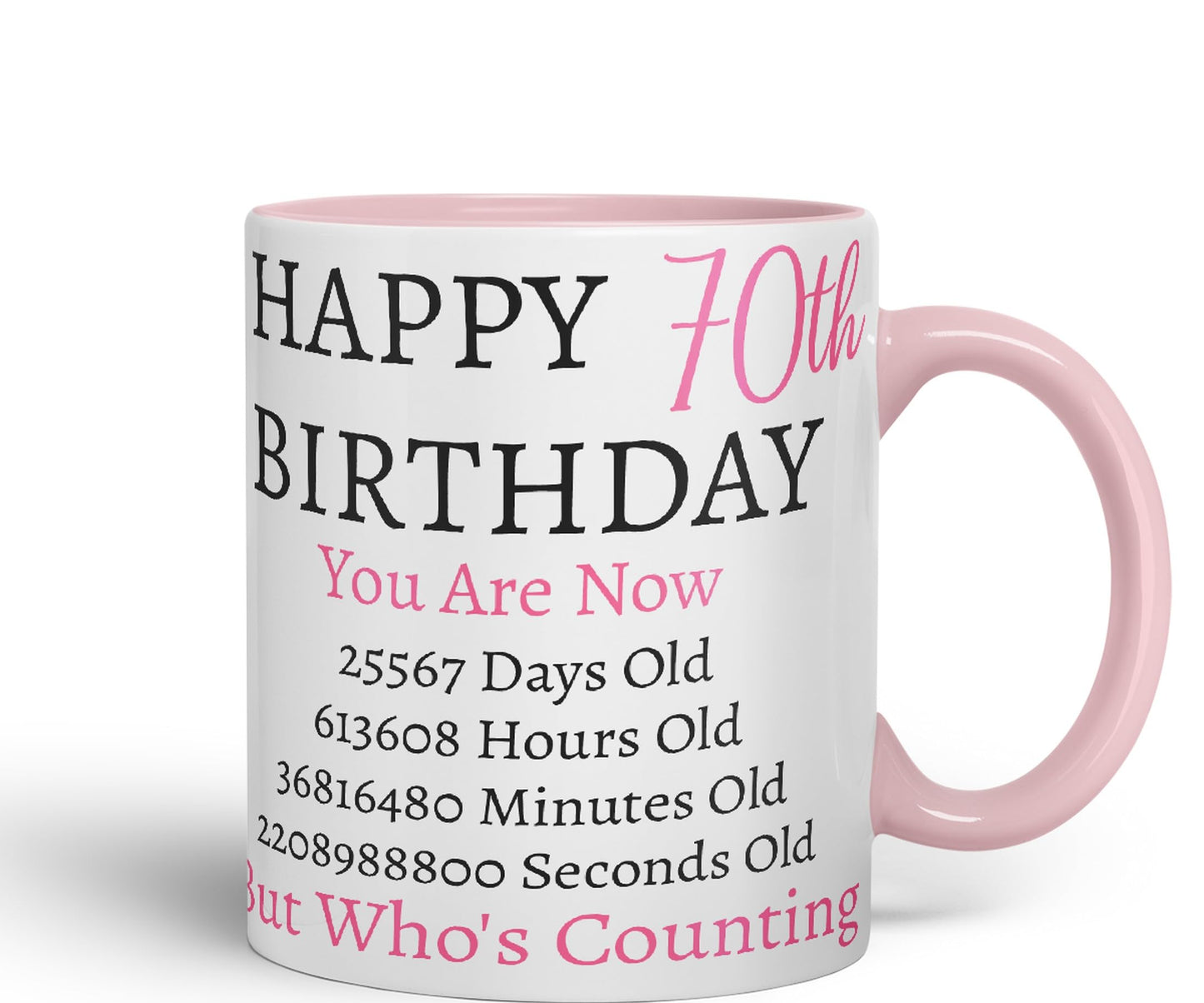 Vixar But Who's Counting Happy 70th Birthday Ceramic Coloured Mug Cup Gift Days Hours Minutes (Pink)