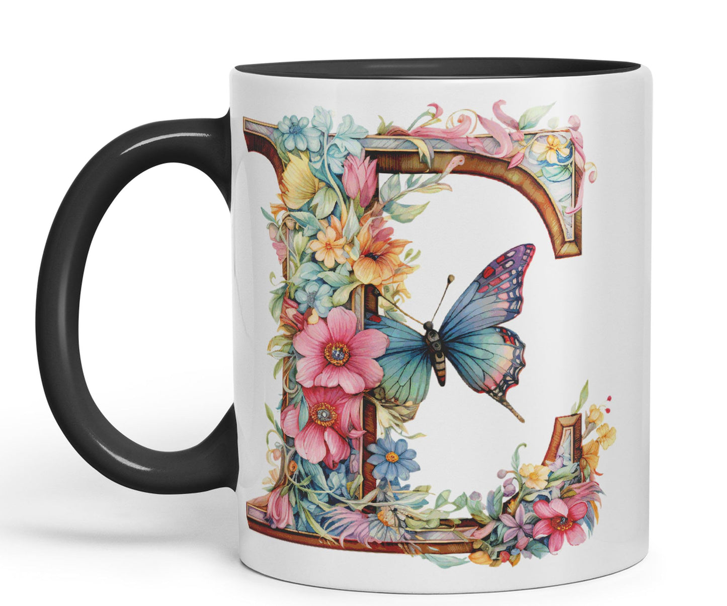 Letter E mug, Floral flowers butterfly Alphabet Letter E Monogram watercolour Ceramic Coloured Mug Cup for Tea Coffee Hot brew 330ml 11Oz Gift