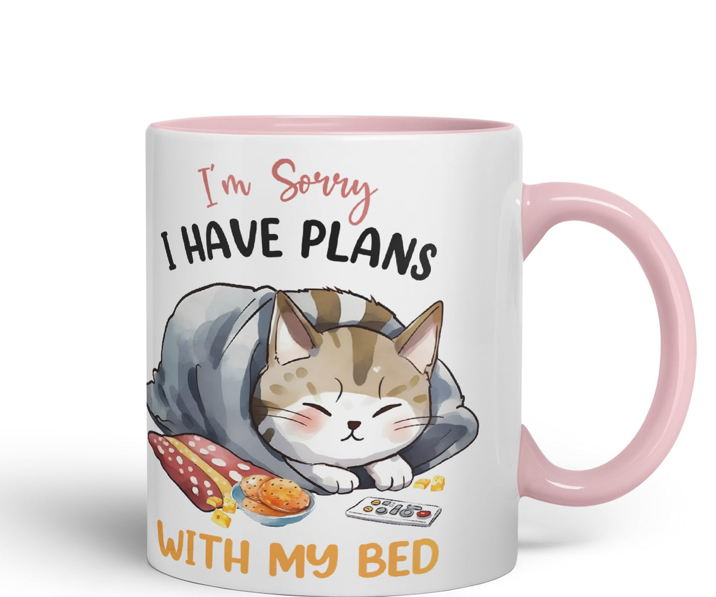 I'm Sorry, I Have Plans with My Bed, cat Sarcastic Joke Ceramic Coloured Mug Cup for Tea Coffee Hot Brew 330ml 11Oz