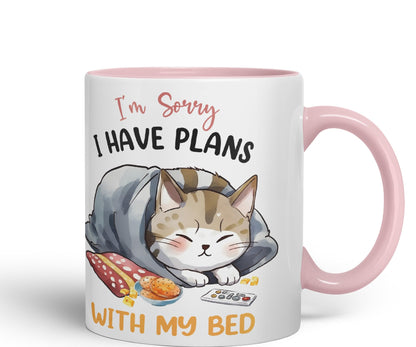 I'm Sorry, I Have Plans with My Bed, cat Sarcastic Joke Ceramic Coloured Mug Cup for Tea Coffee Hot Brew 330ml 11Oz