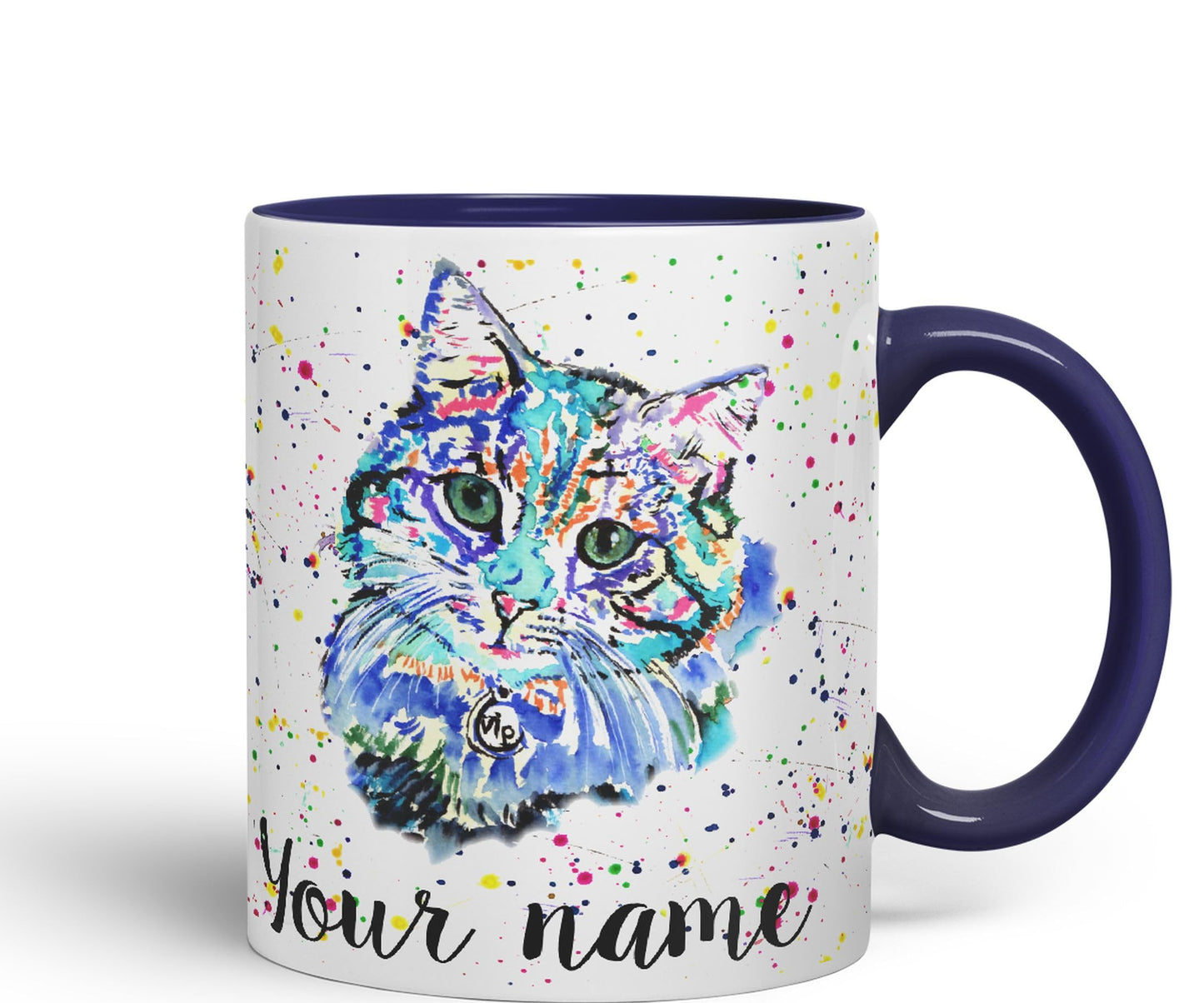 Vixar Personalised with Your Text Blue Cat Kitten Feline Watercolour Art Coloured Ceramic Mug Cup Gift 330ml 11oz Custom Work Office Tea Coffee