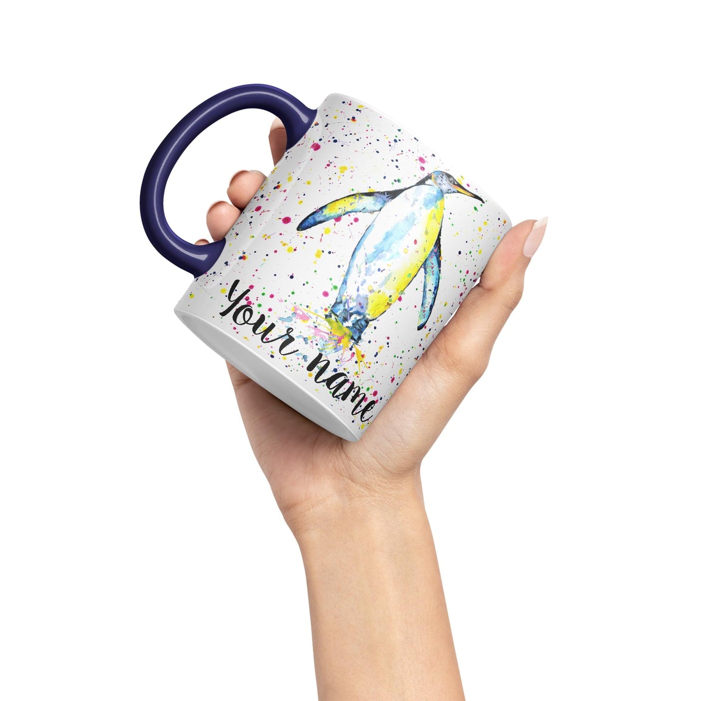 Vixar Personalised with Your Text Penguins Bird Watercolour Art Coloured Ceramic Mug Cup Gift 330ml 11oz Custom Work Office Tea Coffee (O1)