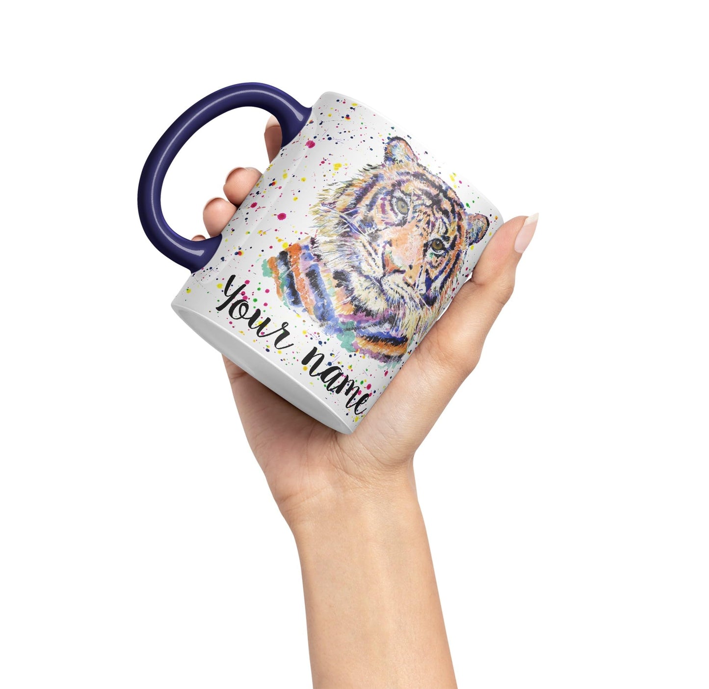 Vixar Personalised with Your Text Tiger Cat Safari Animals Watercolour Art Coloured Ceramic Mug Cup Gift 330ml 11oz Custom Work Office Tea Coffee (O2)