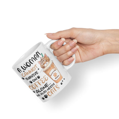 Vixar A Woman Cannot Survive on Coffee Cats Sarcastic Joke Ceramic Coloured Mug Cup for Tea Coffee Hot Brew 330ml 11Oz