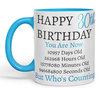 Vixar But Who's Counting Happy 30th Birthday Ceramic Coloured Mug Cup Gift Days Hours Minutes (Blue)