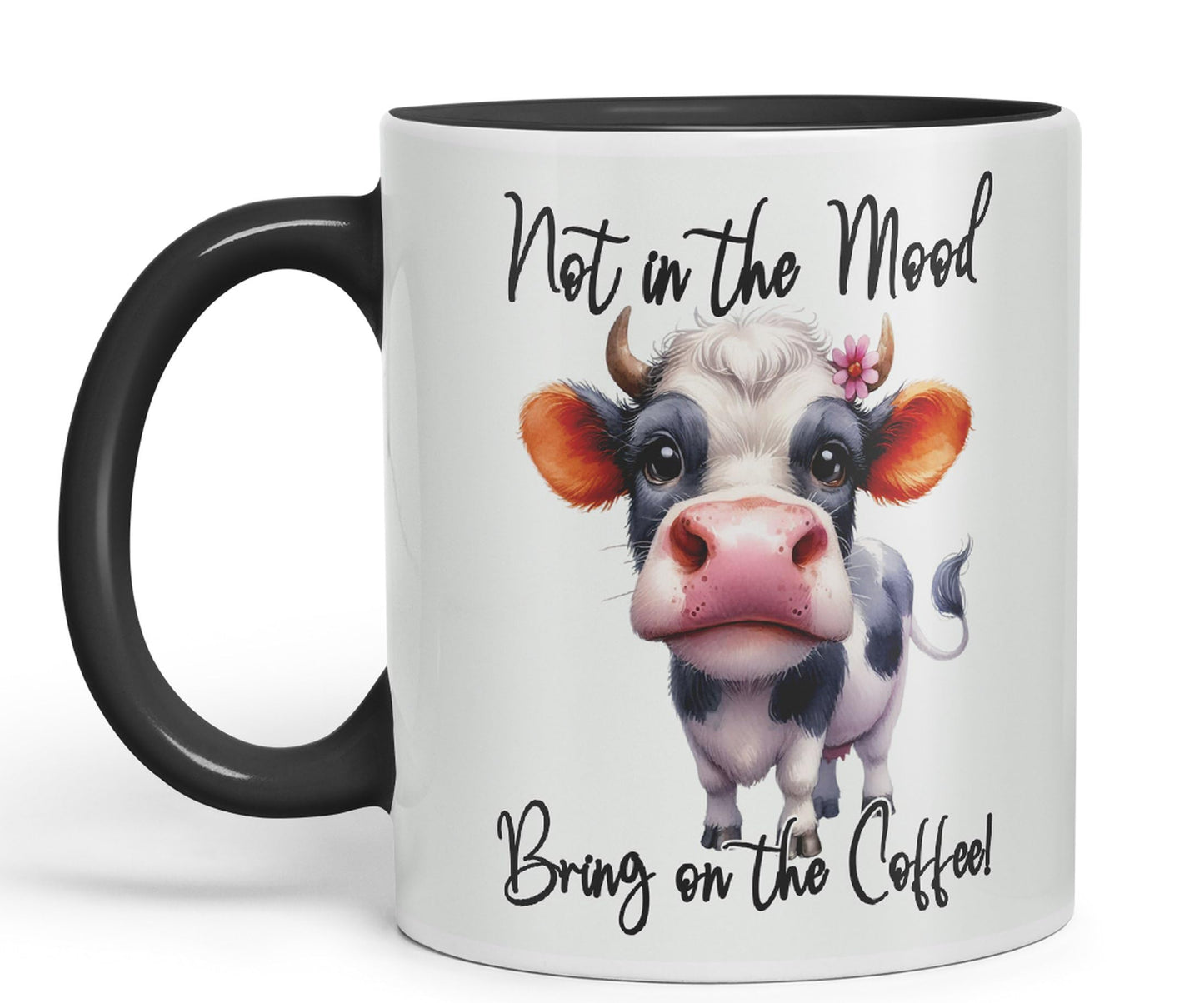 Not in The Mood Bring on The Coffee Cow Joke sarkasm Sarcastic Ceramic Coloured Mug Cup for Tea Coffee Hot Brew 330ml 11Oz Gift