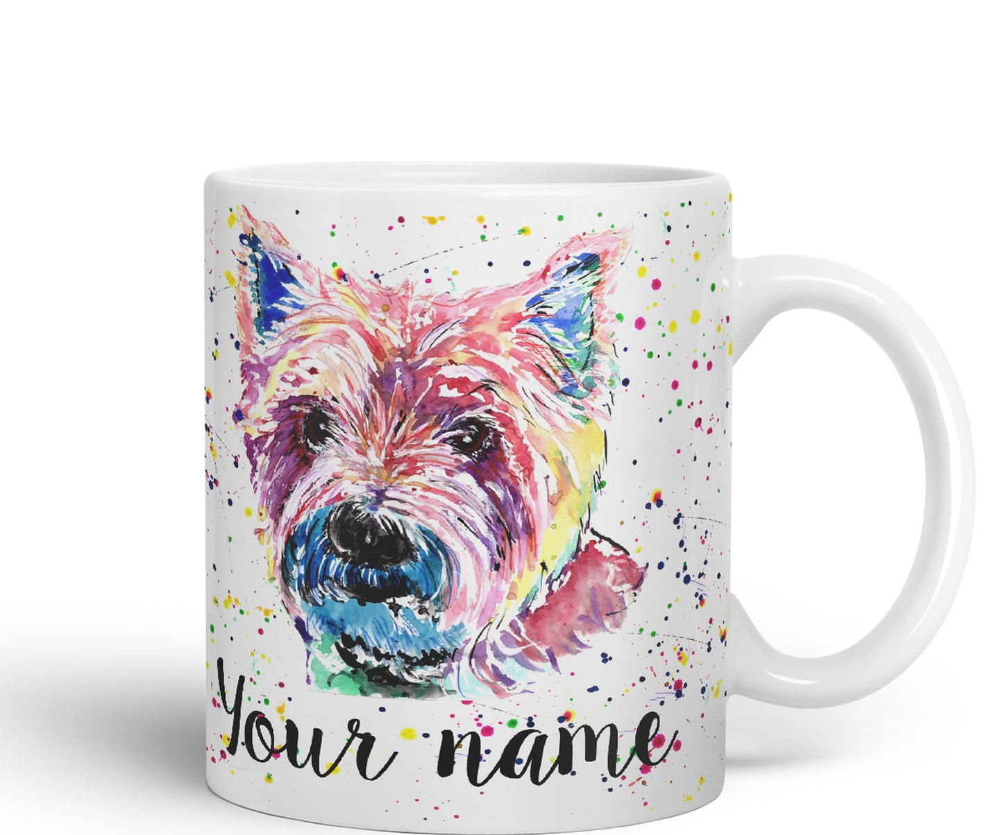 Personalised mug with Your Text name West Highland terrier Scottish animals Watercolour Art Coloured Ceramic Mug Cup Gift 330ml 11oz Custom Work Office Tea Coffee