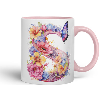 Letter S mug, Floral flowers butterfly Alphabet Letter S Monogram watercolour Ceramic Coloured Mug Cup for Tea Coffee Hot brew 330ml 11Oz Gift