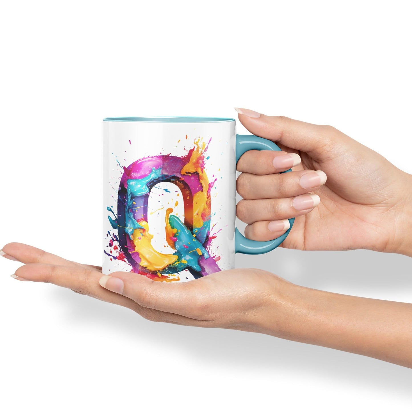 Letter Q mug, Alphabet Letter Q Monogram watercolour Ceramic Coloured Mug Cup for Tea Coffee Hot brew 330ml 11Oz Gift