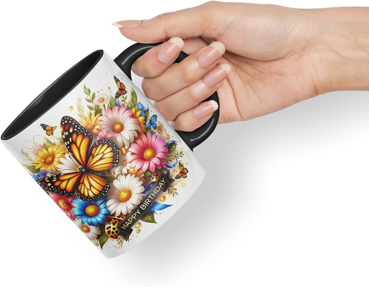 Vixar Happy Birthday Golden Butterfly Daisies Coloured Ceramic Mug Cup Gift 11oz V11 (Black)