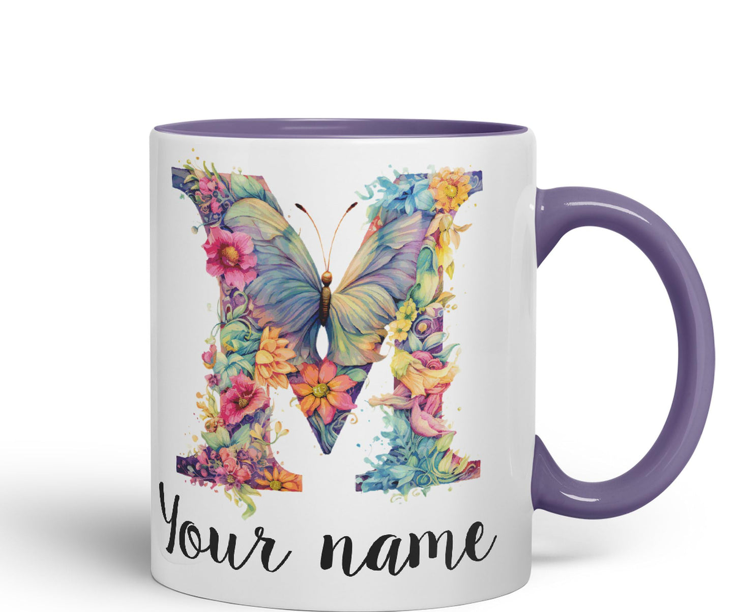 Personalised Letter M mug, Customized Custom Floral flowers butterfly Alphabet Letter M Monogram watercolour Ceramic Coloured Mug Cup for Tea Coffee Hot brew 330ml 11Oz Gift