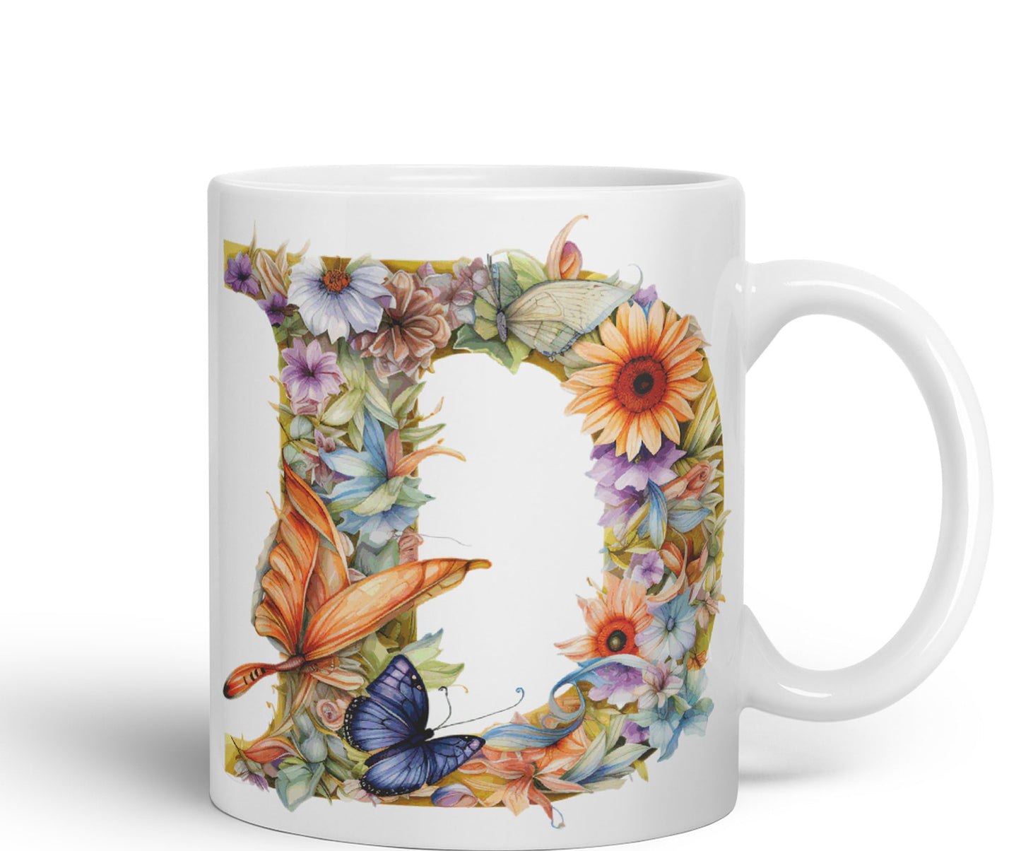 Letter D mug, Floral flowers butterfly Alphabet Letter D Monogram watercolour Ceramic Coloured Mug Cup for Tea Coffee Hot brew 330ml 11Oz Gift
