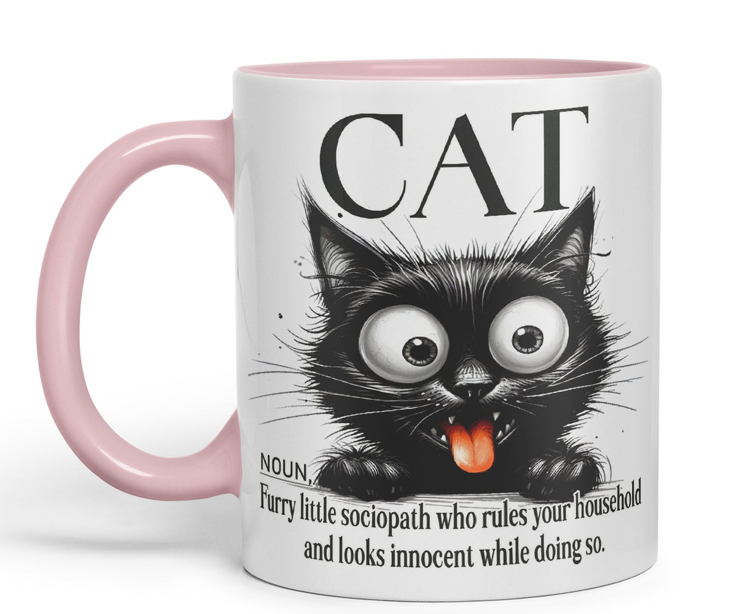 Cat Noun, Furry Little sociapath who Rules Your Household and Looks Innocent White Doing so, Joke sarkasm Sarcastic Ceramic Coloured Mug Cup for Tea Coffee Hot Brew 330ml 11Oz Gift