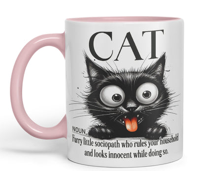Cat Noun, Furry Little sociapath who Rules Your Household and Looks Innocent White Doing so, Joke sarkasm Sarcastic Ceramic Coloured Mug Cup for Tea Coffee Hot Brew 330ml 11Oz Gift