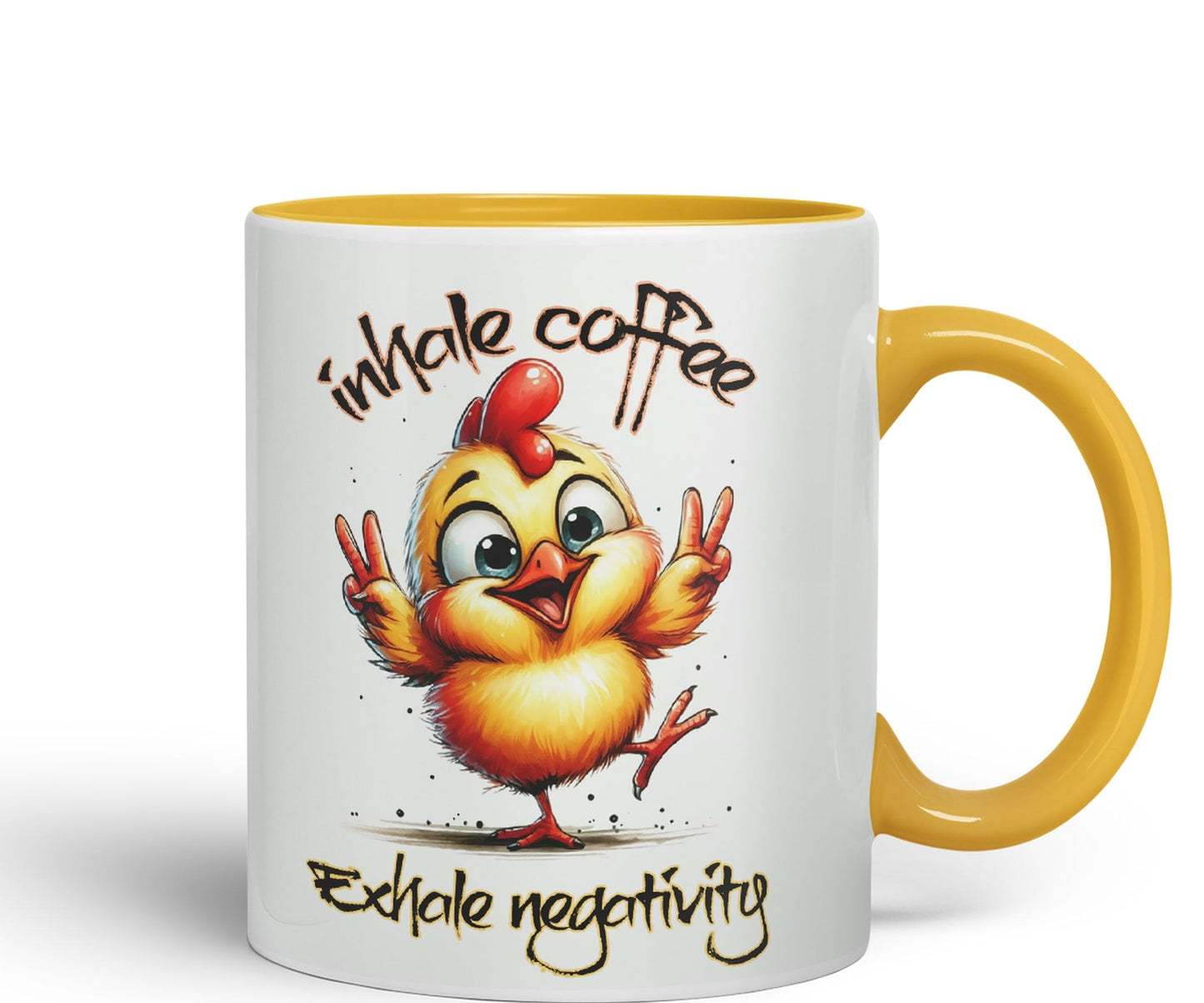 Inhale Coffee Exhale Negativity Chicken Joke sarkasm Sarcastic Ceramic Coloured Mug Cup for Tea Coffee Hot Brew 330ml 11Oz Gift