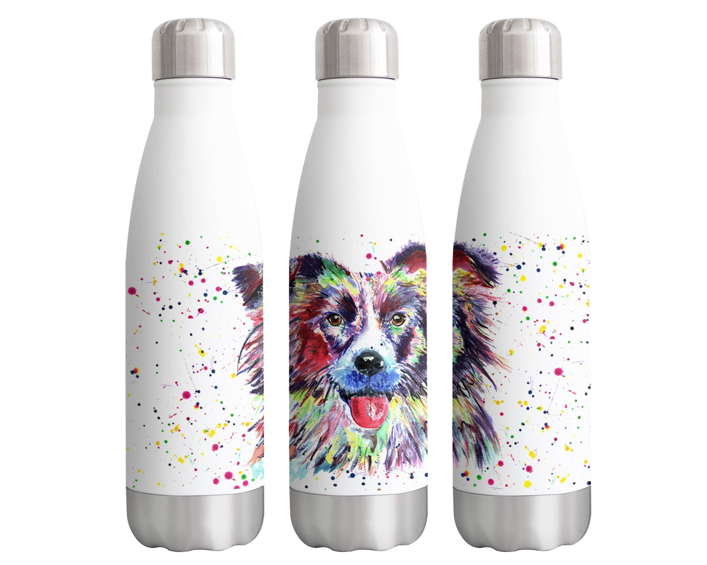 Vixar Border Collie Dog Pet Animals Watercolour Bottle double Wall insulated Stainless steel sport Drinks 500ml