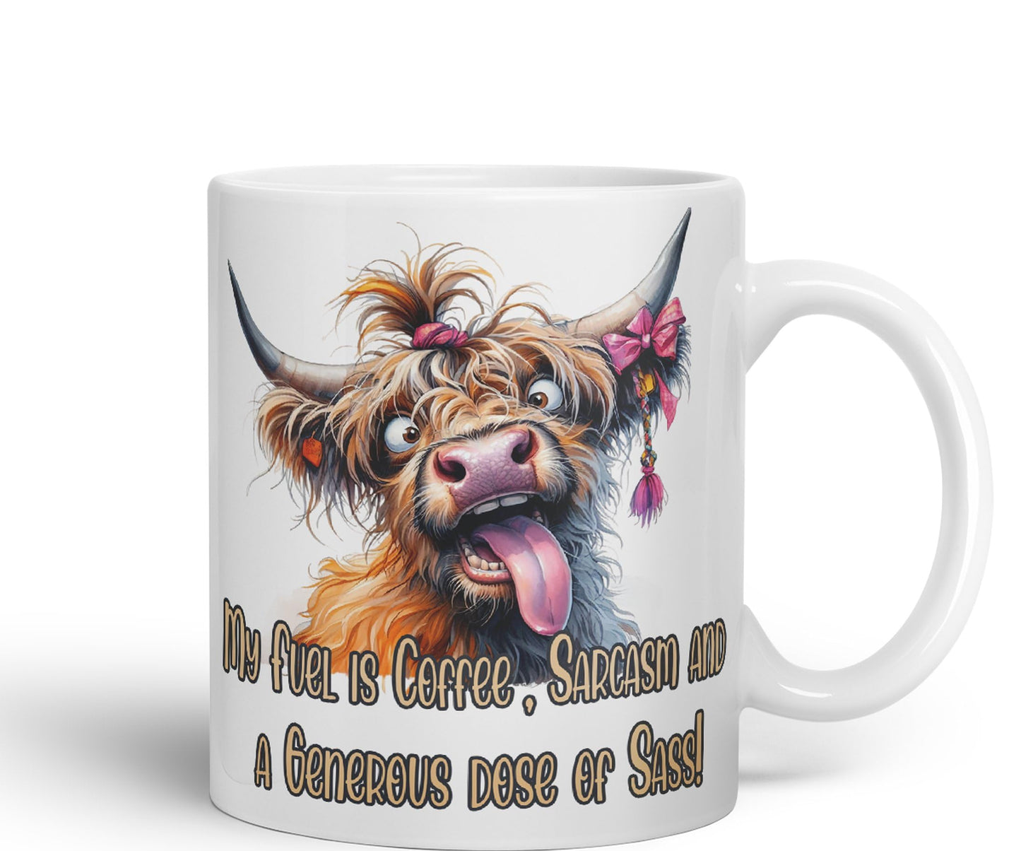 My Fuel is Coffee, Sarcasm and a Generous dose of Sass! Cow higland Joke sarkasm Sarcastic Ceramic Coloured Mug Cup for Tea Coffee Hot Brew 330ml 11Oz Gift