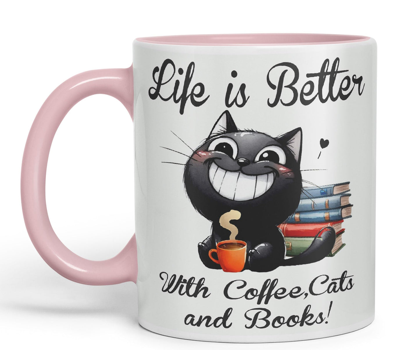 Life is Better with Coffee, Cats and Books, Cat Kitten Joke sarkasm Sarcastic Ceramic Coloured Mug Cup for Tea Coffee Hot Brew 330ml 11Oz Gift