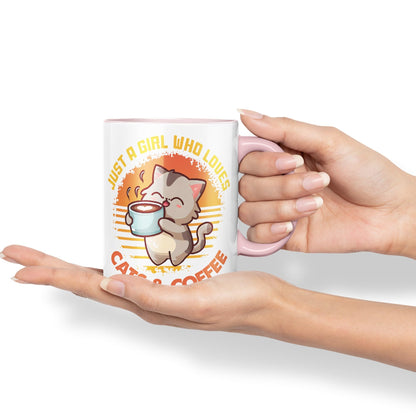 Just a Girl Who Loves Cats & Coffee, cat Sarcastic Joke Ceramic Coloured Mug Cup for Tea Coffee Hot Brew 330ml 11Oz