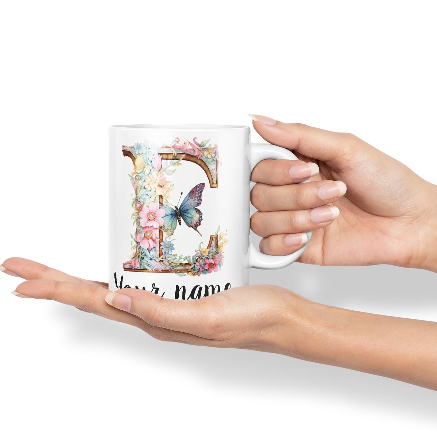 Personalised Letter E mug, Customized Custom Floral flowers butterfly Alphabet Letter E Monogram watercolour Ceramic Coloured Mug Cup for Tea Coffee Hot brew 330ml 11Oz Gift