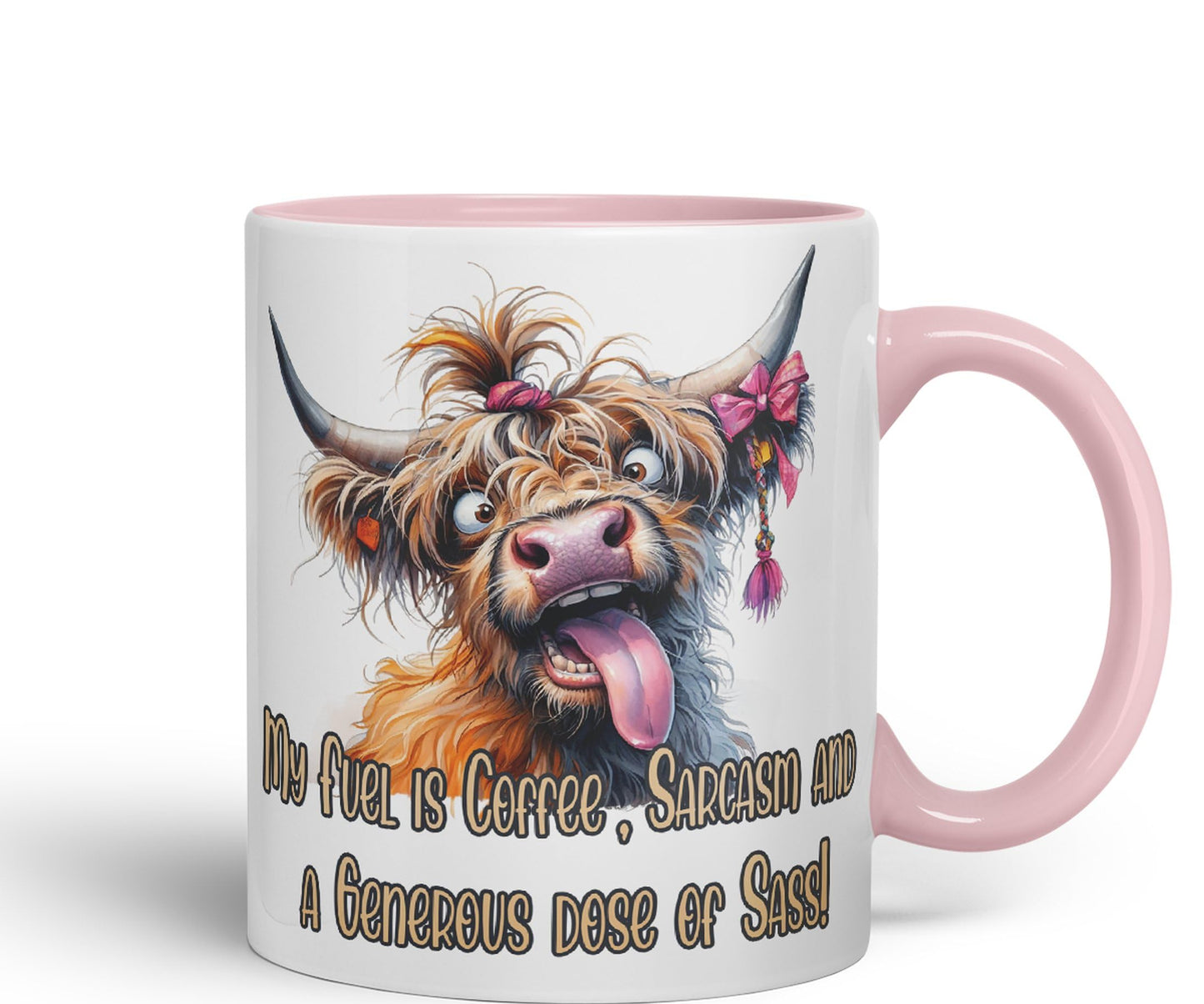 My Fuel is Coffee, Sarcasm and a Generous dose of Sass! Cow higland Joke sarkasm Sarcastic Ceramic Coloured Mug Cup for Tea Coffee Hot Brew 330ml 11Oz Gift