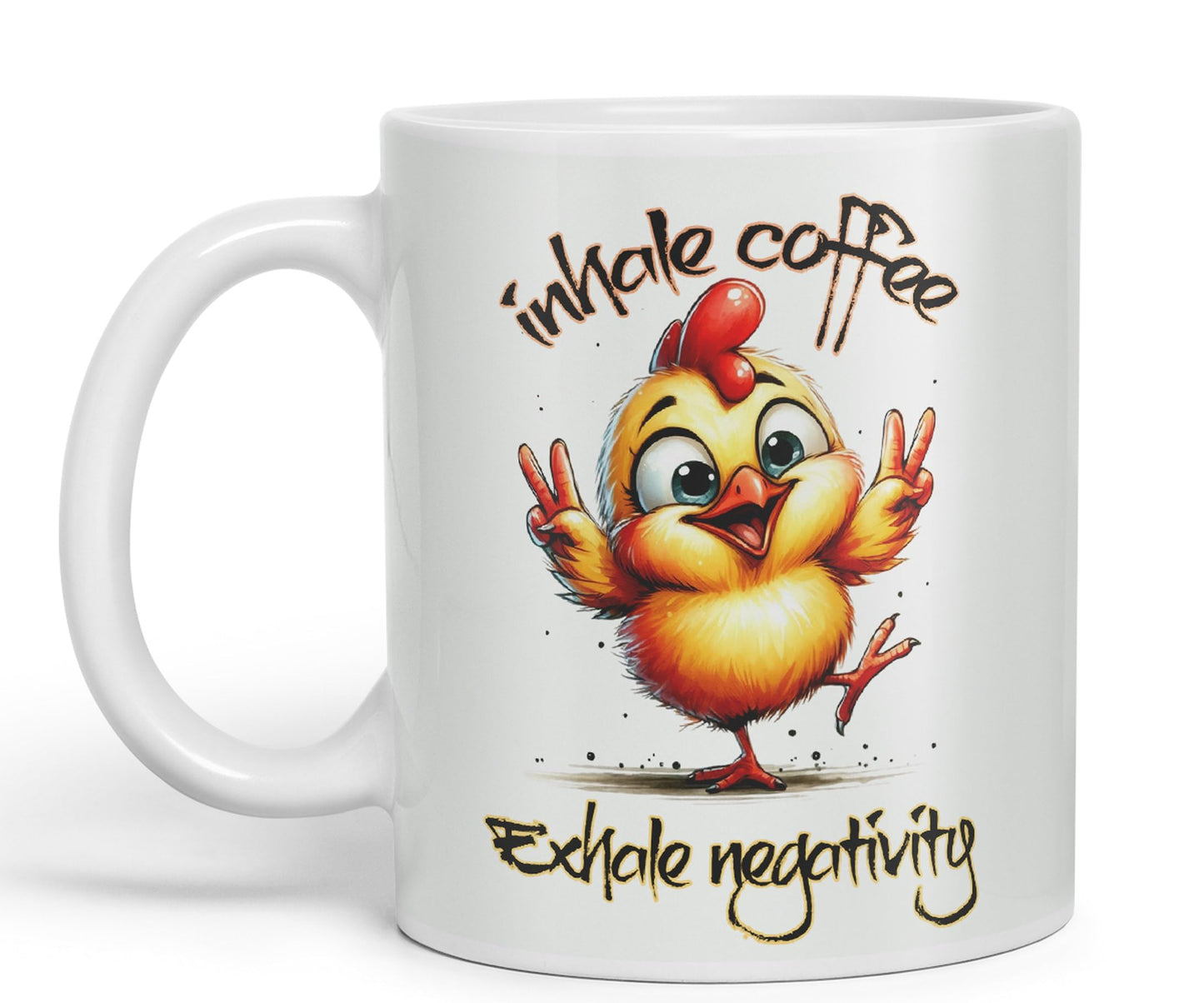 Inhale Coffee Exhale Negativity Chicken Joke sarkasm Sarcastic Ceramic Coloured Mug Cup for Tea Coffee Hot Brew 330ml 11Oz Gift