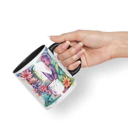 Letter H mug, Floral flowers butterfly Alphabet Letter H Monogram watercolour Ceramic Coloured Mug Cup for Tea Coffee Hot brew 330ml 11Oz Gift