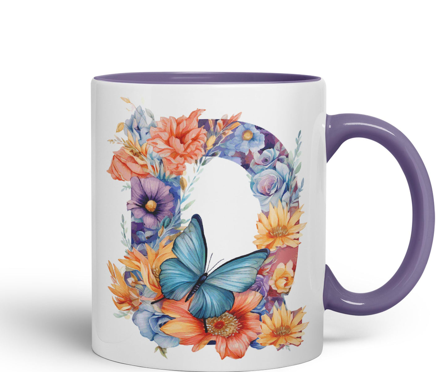Letter Q mug, Floral flowers butterfly Alphabet Letter Q Monogram watercolour Ceramic Coloured Mug Cup for Tea Coffee Hot brew 330ml 11Oz Gift