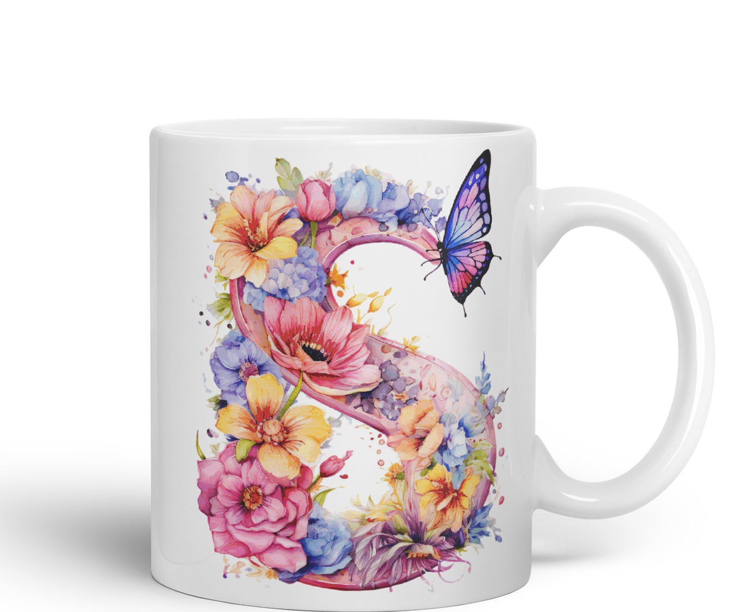 Letter S mug, Floral flowers butterfly Alphabet Letter S Monogram watercolour Ceramic Coloured Mug Cup for Tea Coffee Hot brew 330ml 11Oz Gift