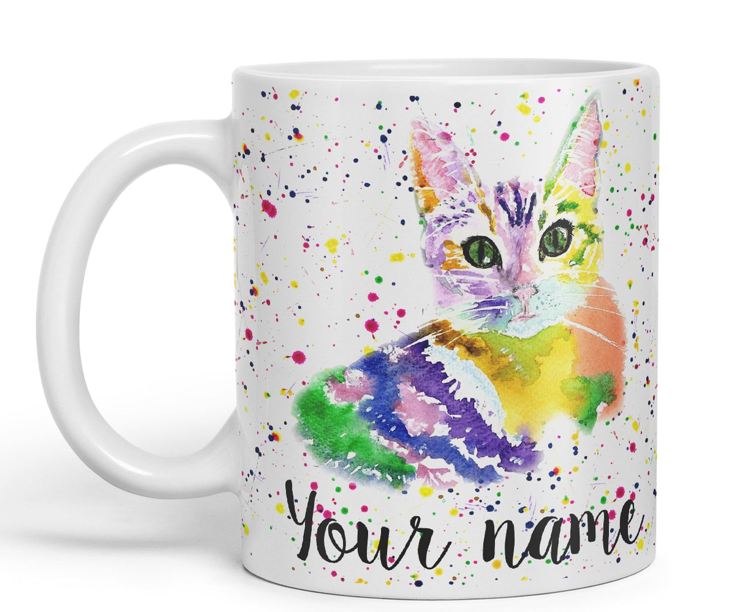 Vixar Personalised with Your Text Cat Kitten Feline Pet Animals Watercolour Art Coloured Ceramic Mug Cup Gift 330ml 11oz Custom Work Office Tea Coffee