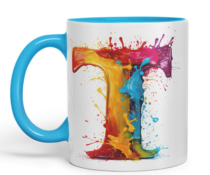 Letter T mug, Alphabet Letter T Monogram watercolour Ceramic Coloured Mug Cup for Tea Coffee Hot brew 330ml 11Oz Gift