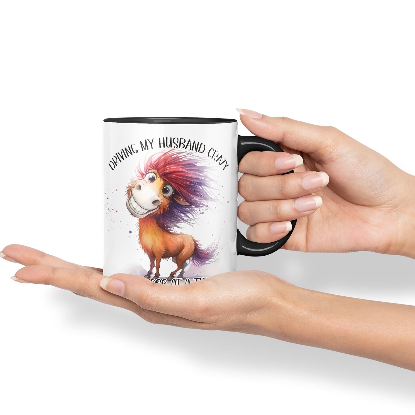 Driving My Husband Crazy, One Horse at at a Time Joke sarkasm Sarcastic Ceramic Coloured Mug Cup for Tea Coffee Hot Brew 330ml 11Oz Gift