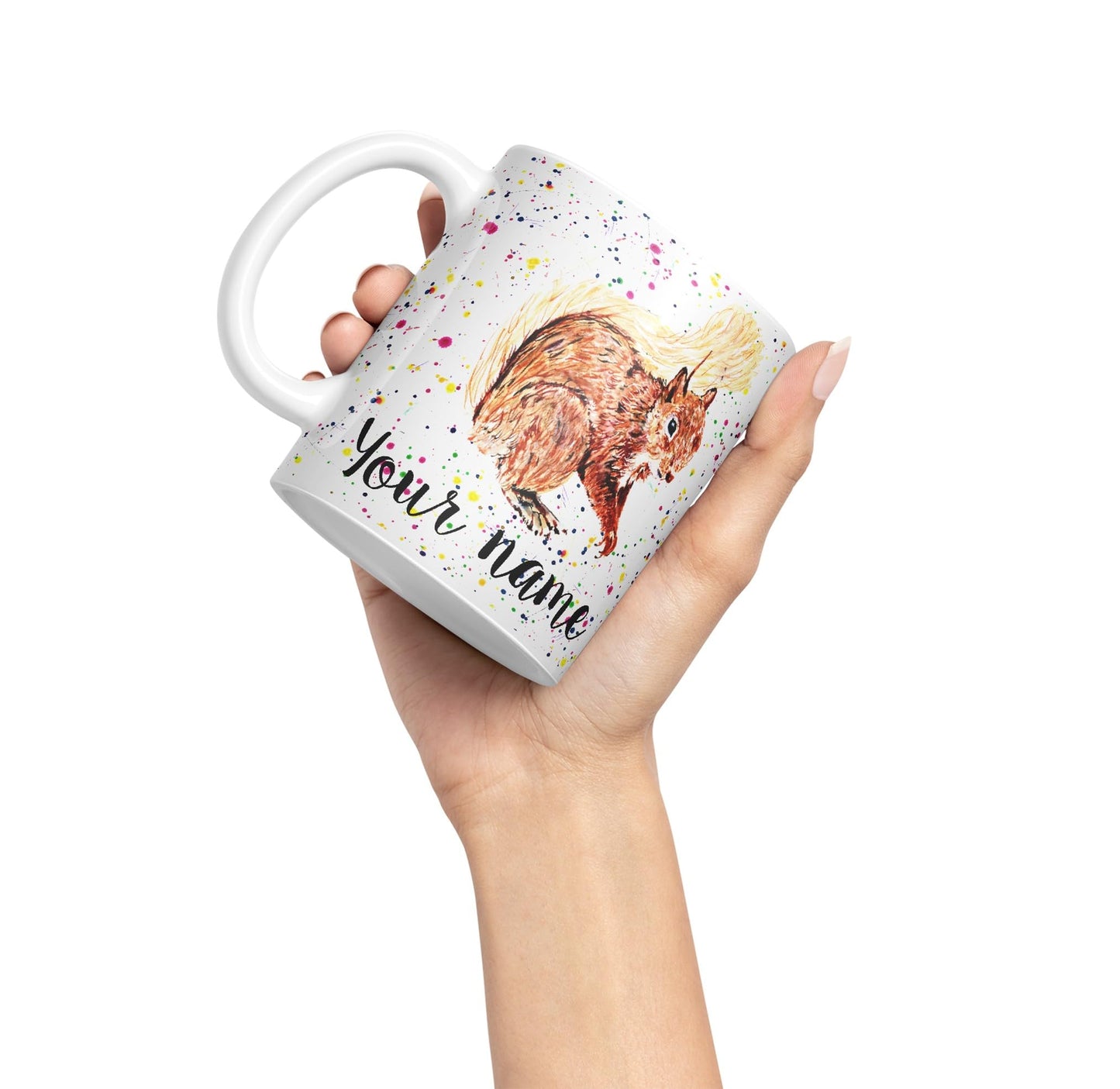 Personalised mug with Your Text name Squirrel Park wildlife animals Watercolour Art Coloured Ceramic Mug Cup Gift 330ml 11oz Custom Work Office Tea Coffee