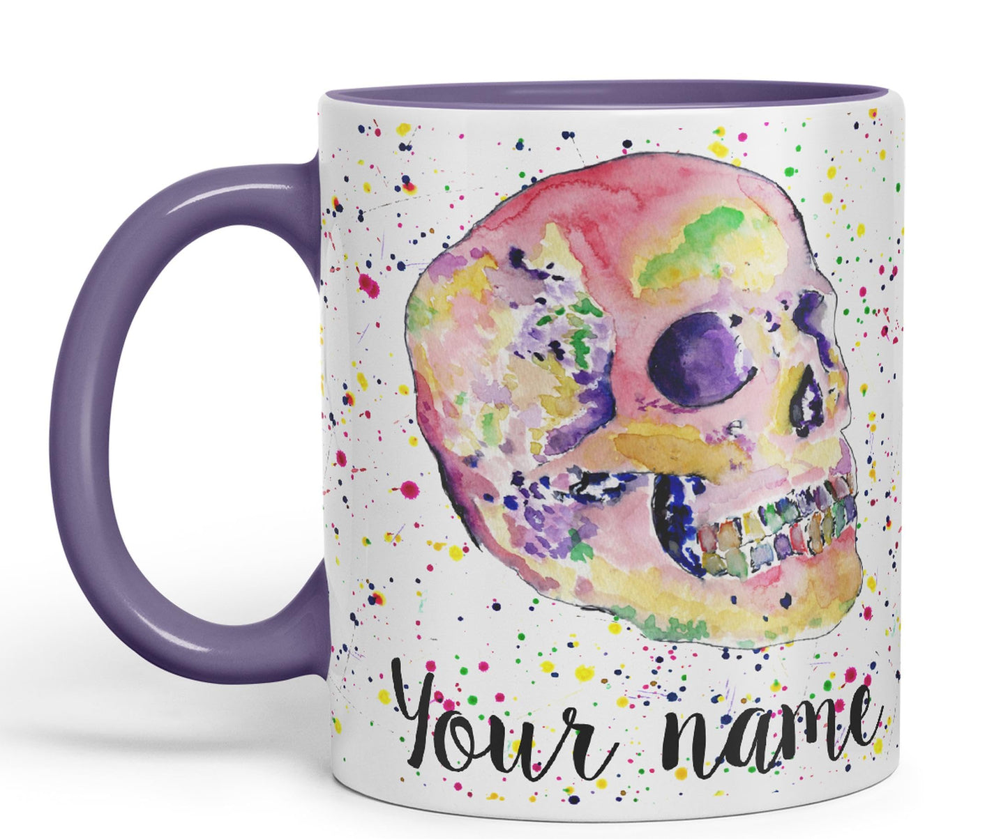 Vixar Personalised with Your Text Skull Watercolour Art Coloured Ceramic Mug Cup Gift 330ml 11oz Custom Work Office Tea Coffee (O2)